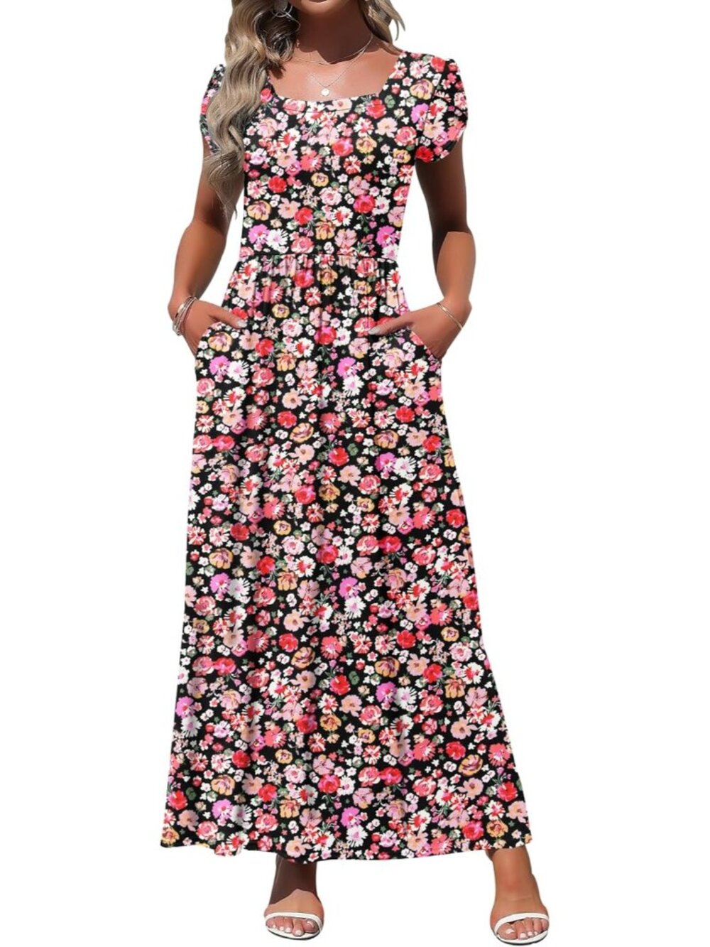 Women's Black Red Square Neck Maxi Dress Petal Short Sleeve Casual Long Dress